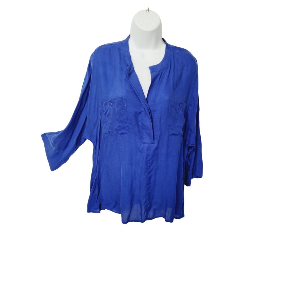 Soft Surroundings M Blue Lagenlook Pockets Tencel Island Breeze Tunic Shirt 3/4
